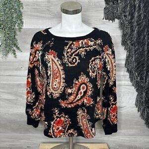 Ann Taylor Loft Womens Black Red Paisley Long Sleeve Crewneck Sweater Size MP